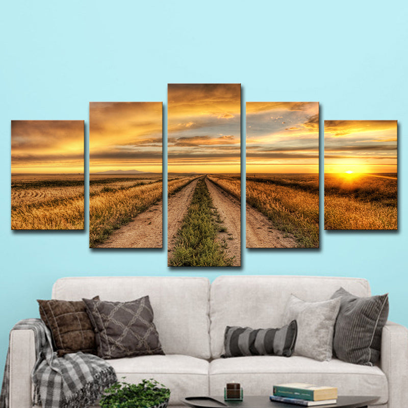 Modern Sunset Farm Lane Art Print Canvas Multi-Piece Yellow Wall Decor for House Interior