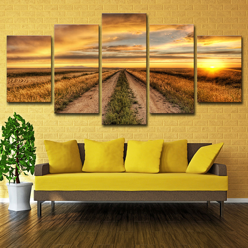 Modern Sunset Farm Lane Art Print Canvas Multi-Piece Yellow Wall Decor for House Interior