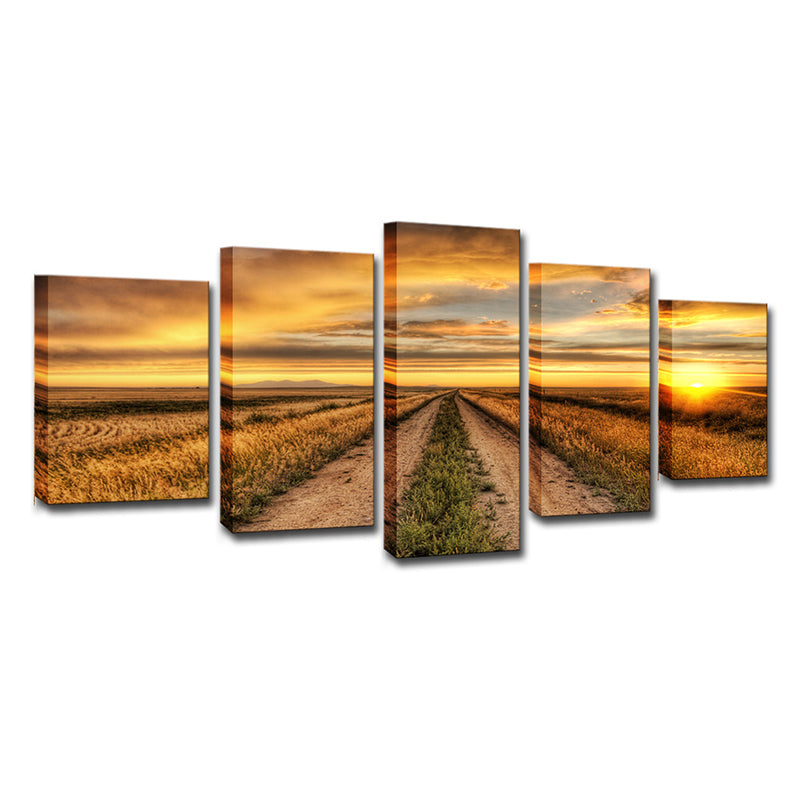 Modern Sunset Farm Lane Art Print Canvas Multi-Piece Yellow Wall Decor for House Interior