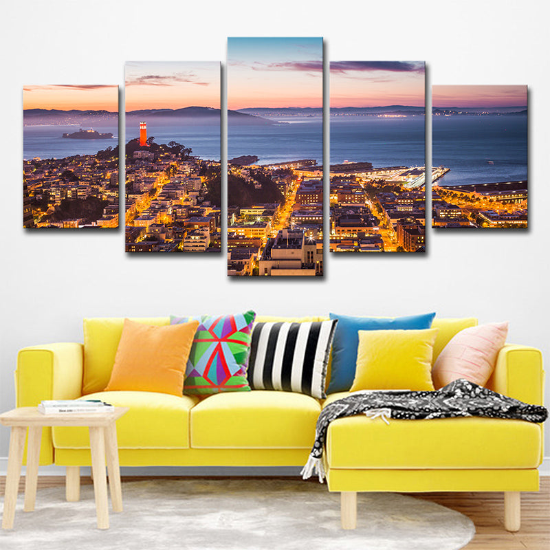 Modern Cityscapes Wall Art Print Brown Alcatraz Island at Sunset Canvas for Home