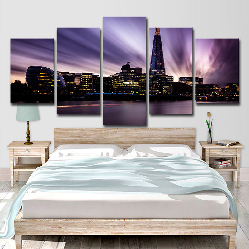 Canvas Purple Wall Art Global Inspired River Thames at Night Wall Decor for Bedroom