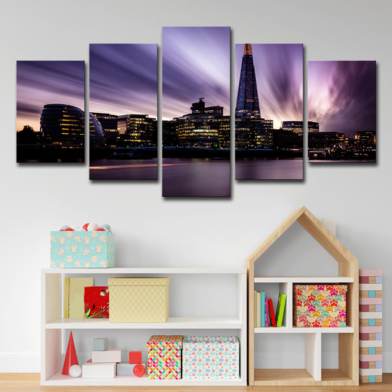 Canvas Purple Wall Art Global Inspired River Thames at Night Wall Decor for Bedroom