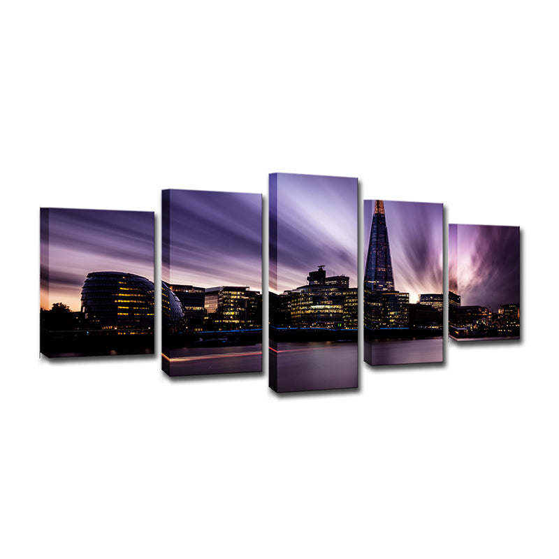 Canvas Purple Wall Art Global Inspired River Thames at Night Wall Decor for Bedroom