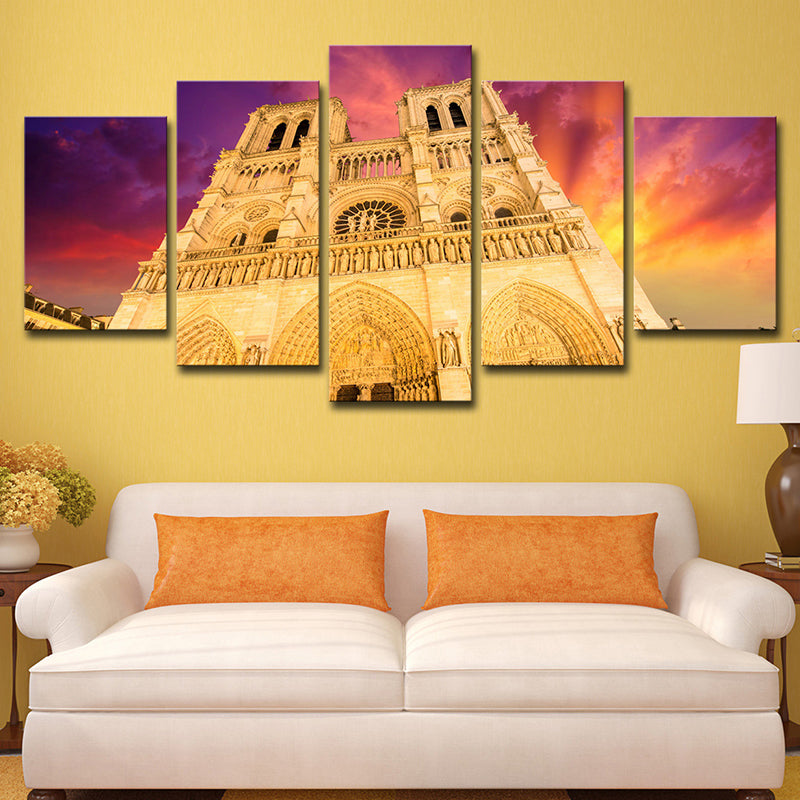 Modern Notre Dame Cathedral Canvas Yellow Living Room Wall Art Decor, Multi-Piece