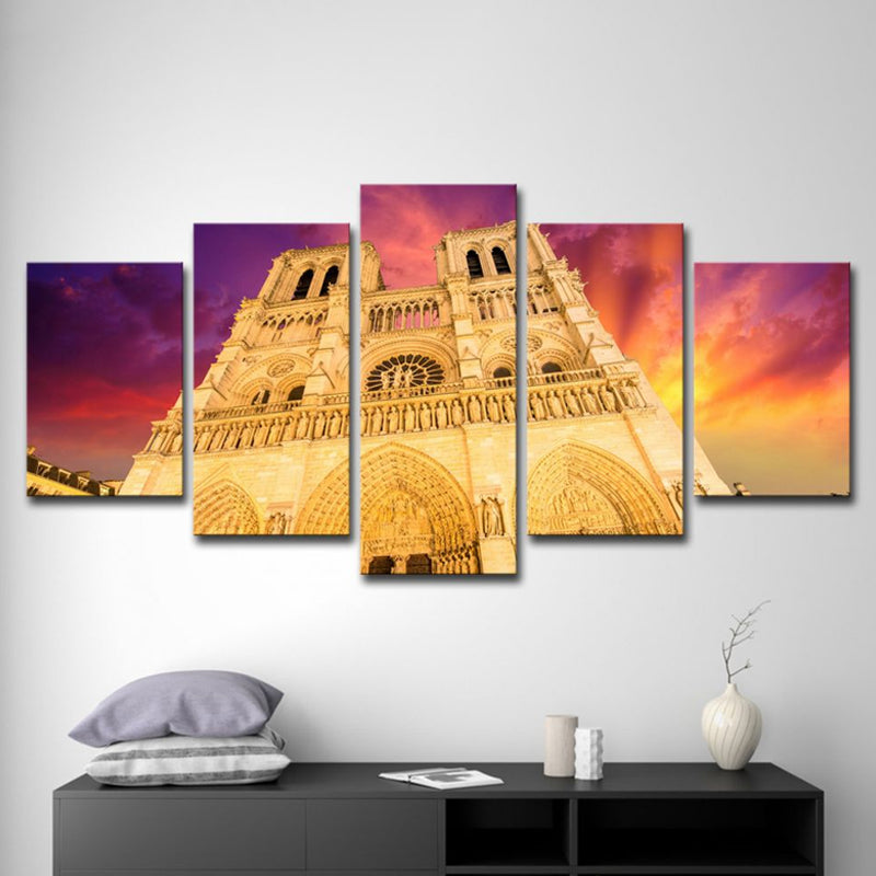 Modern Notre Dame Cathedral Canvas Yellow Living Room Wall Art Decor, Multi-Piece