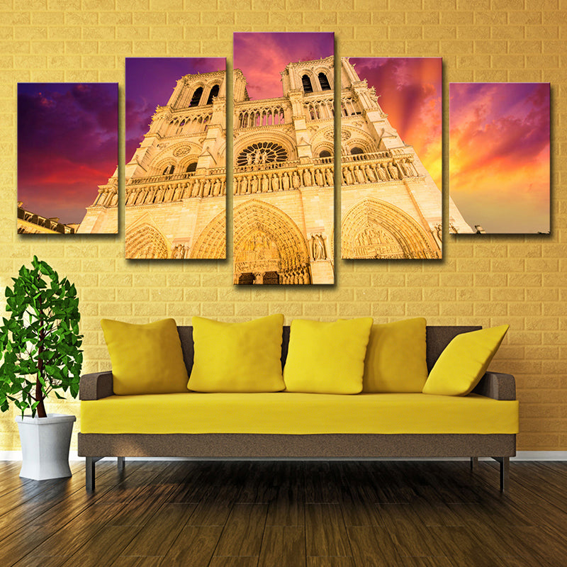 Modern Notre Dame Cathedral Canvas Yellow Living Room Wall Art Decor, Multi-Piece