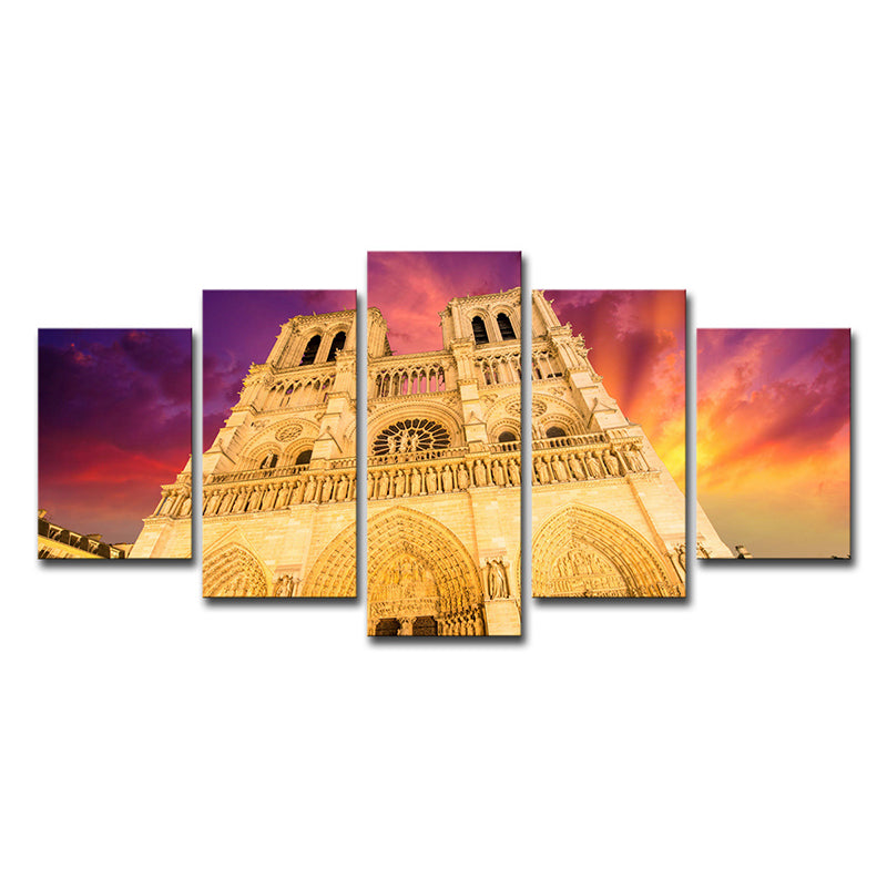 Modern Notre Dame Cathedral Canvas Yellow Living Room Wall Art Decor, Multi-Piece