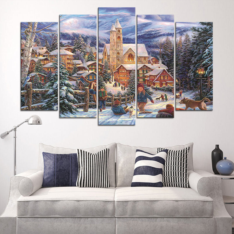 Winter Village Landscape Wall Art Blue and Brown Nordic Canvas Print for Home, Multi-Piece