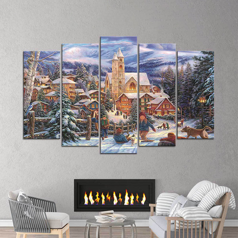 Winter Village Landscape Wall Art Blue and Brown Nordic Canvas Print for Home, Multi-Piece