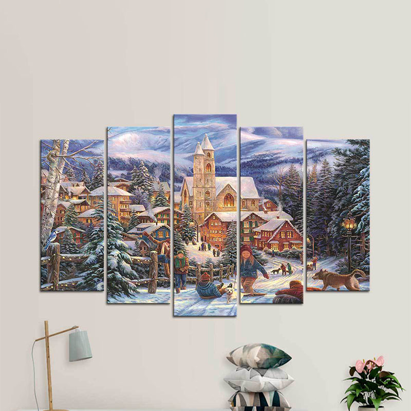 Winter Village Landscape Wall Art Blue and Brown Nordic Canvas Print for Home, Multi-Piece