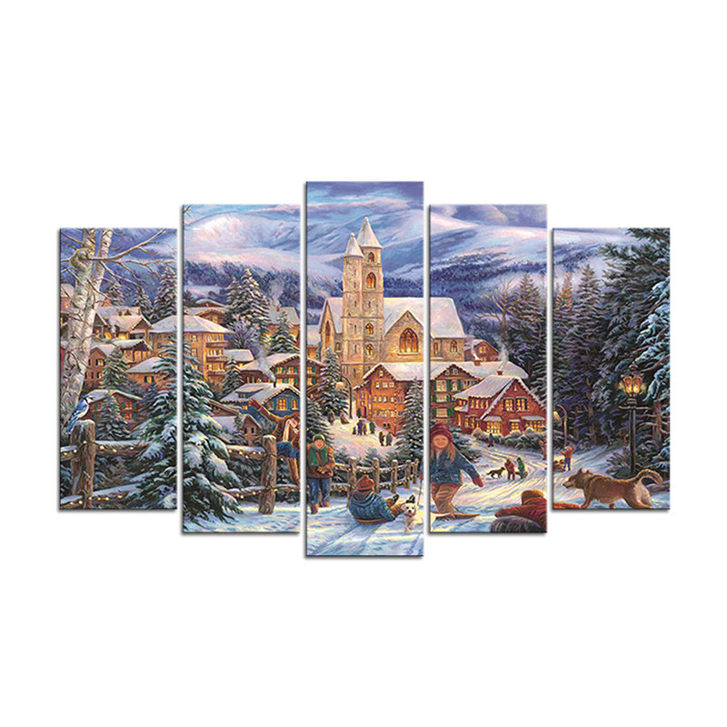 Winter Village Landscape Wall Art Blue and Brown Nordic Canvas Print for Home, Multi-Piece