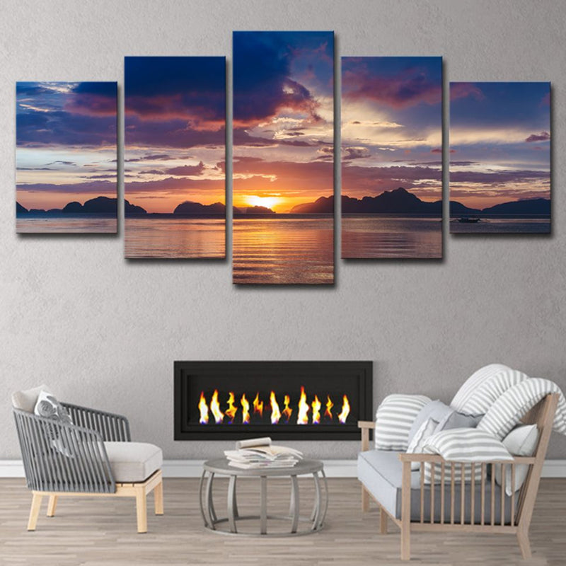 Lake and Sunset Glow Canvas Print Contemporary Multi-Piece Wall Art in Purple for Room