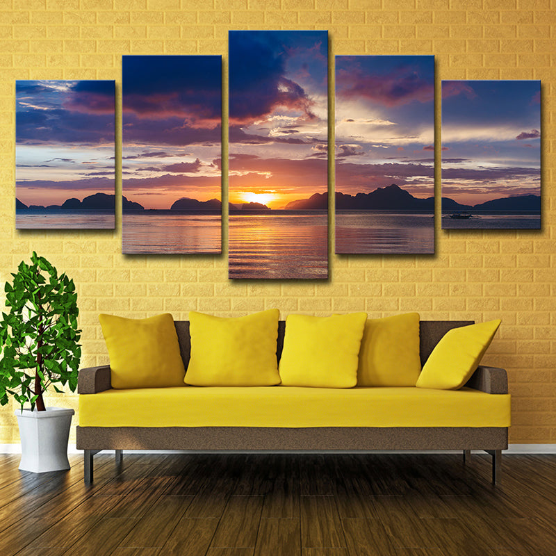 Lake and Sunset Glow Canvas Print Contemporary Multi-Piece Wall Art in Purple for Room