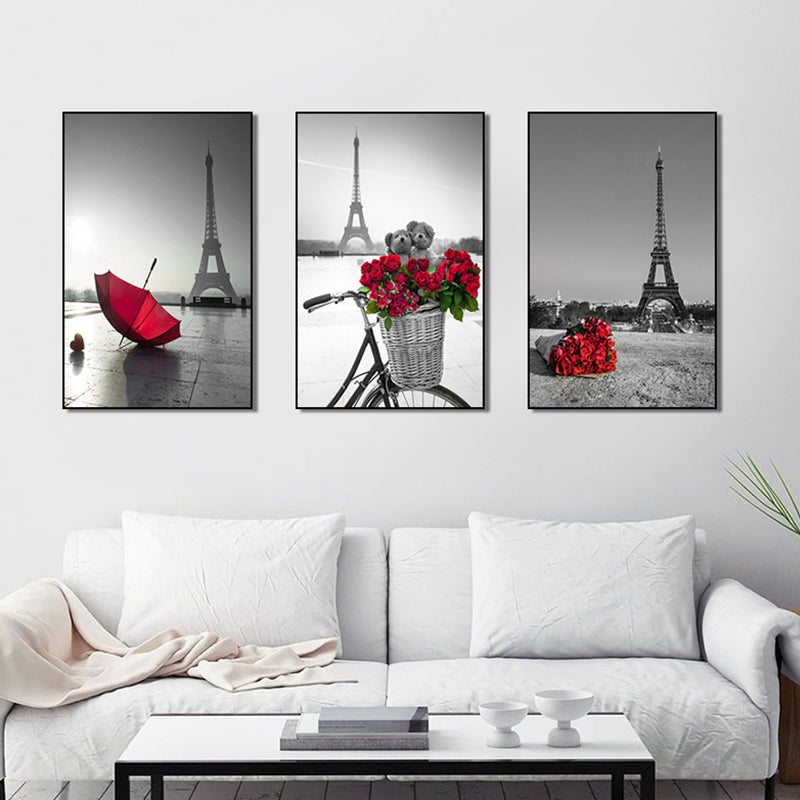 Eiffel Tower Wall Art Set Modernism Stylish Landmark Canvas Print in Grey and Red