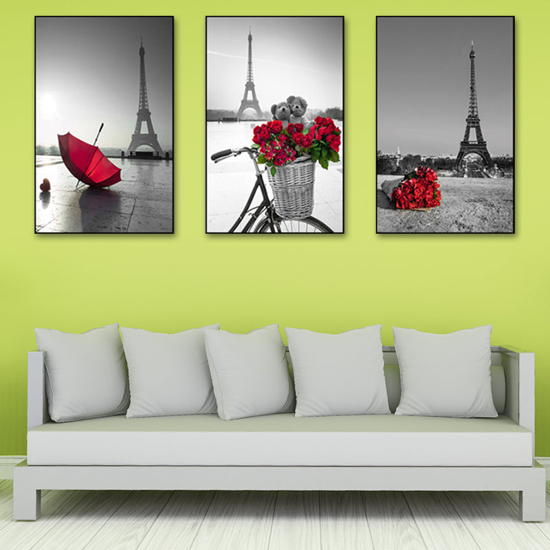 Eiffel Tower Wall Art Set Modernism Stylish Landmark Canvas Print in Grey and Red