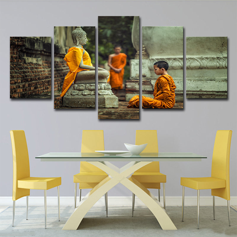 Buddhist Boy Meditating Canvas Print Yellow Contemporary Wall Art for Dining Room