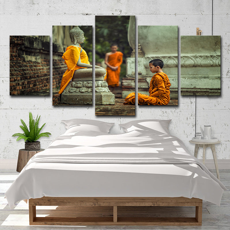 Buddhist Boy Meditating Canvas Print Yellow Contemporary Wall Art for Dining Room