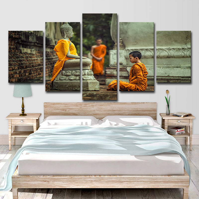 Buddhist Boy Meditating Canvas Print Yellow Contemporary Wall Art for Dining Room