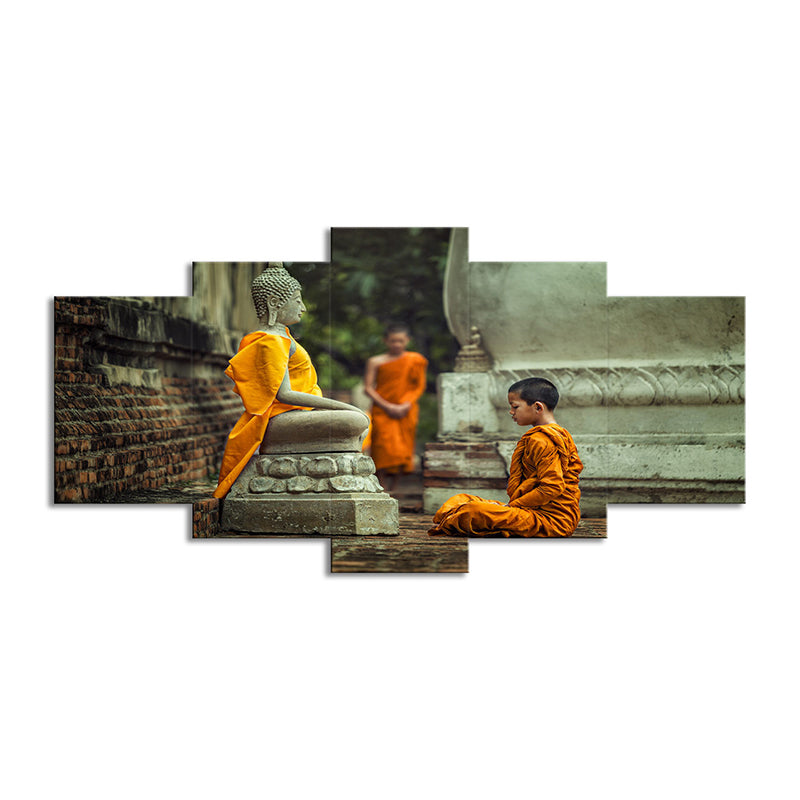 Buddhist Boy Meditating Canvas Print Yellow Contemporary Wall Art for Dining Room