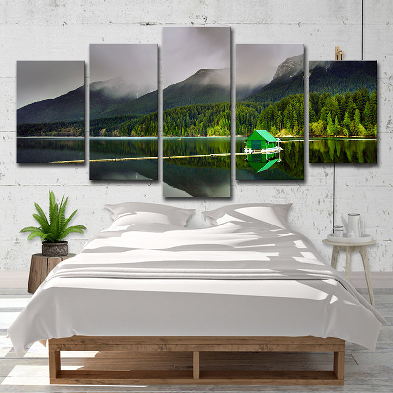 Green Global Inspired Canvas Print Lake House and the Forest Scenery Wall Art