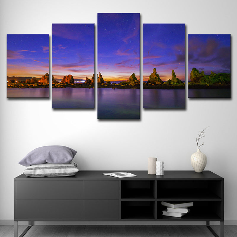 Blue Evening Glow Canvas Riverside Rocks Scene Modern Multi-Piece Wall Art Print