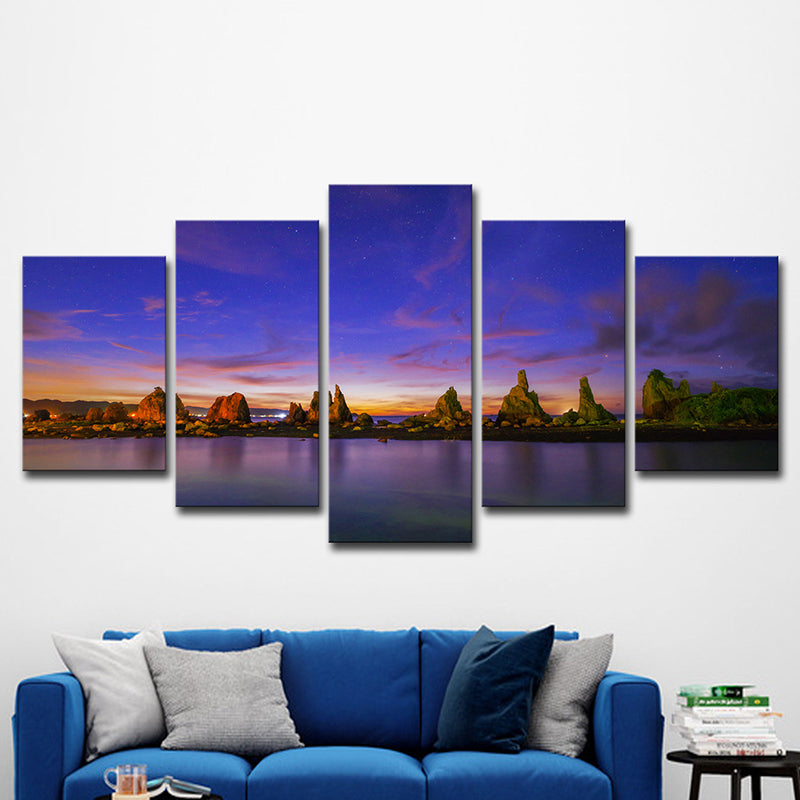 Blue Evening Glow Canvas Riverside Rocks Scene Modern Multi-Piece Wall Art Print