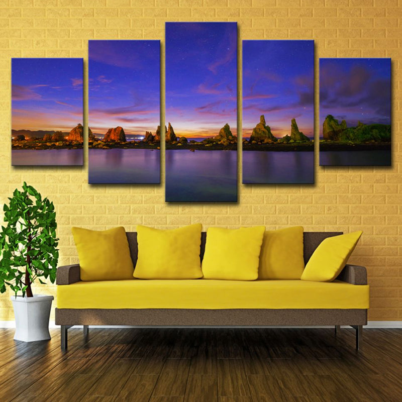 Blue Evening Glow Canvas Riverside Rocks Scene Modern Multi-Piece Wall Art Print