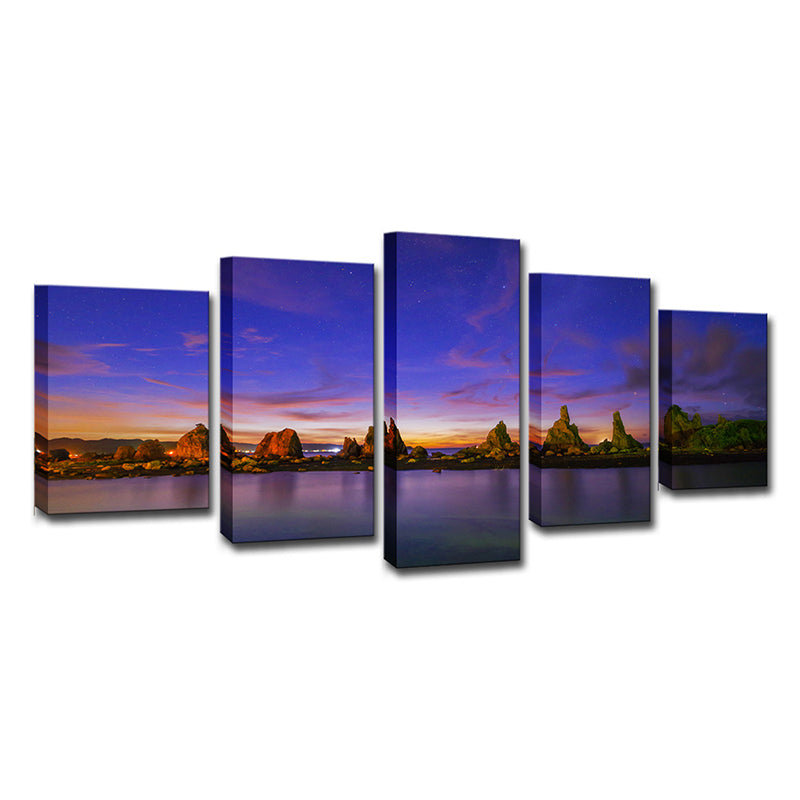 Blue Evening Glow Canvas Riverside Rocks Scene Modern Multi-Piece Wall Art Print