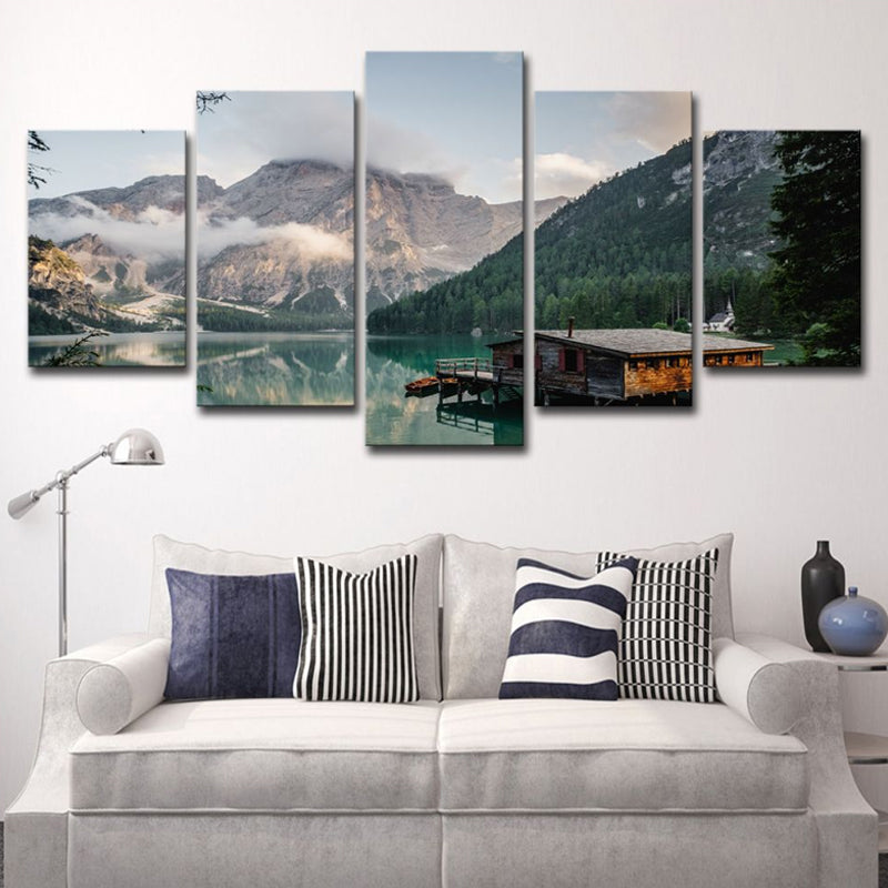 Grey Modern Canvas Print Lake House by the Mountain Wall Art for Hotel, Multi-Piece