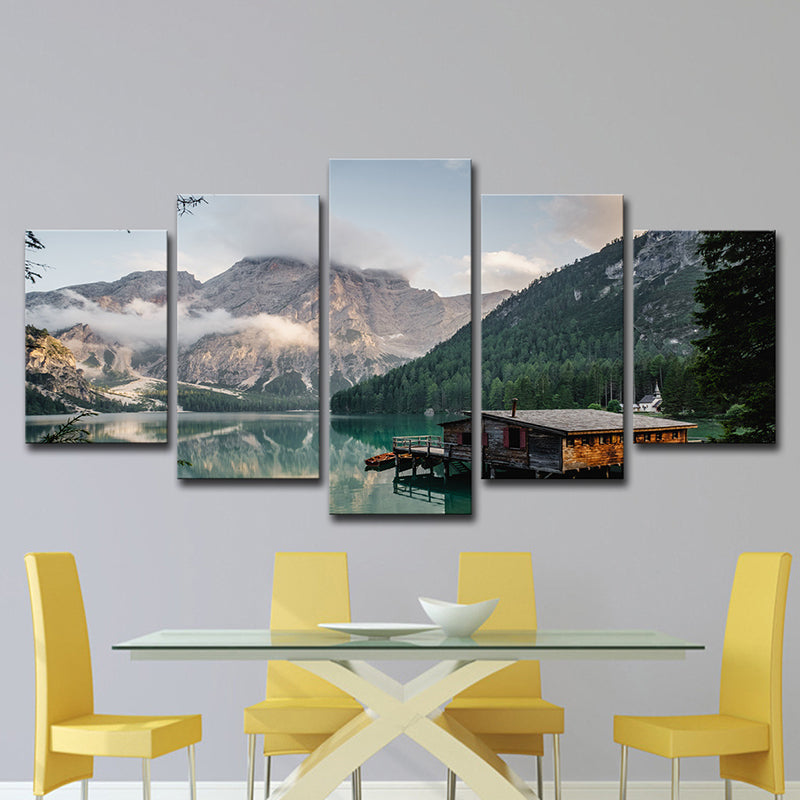 Grey Modern Canvas Print Lake House by the Mountain Wall Art for Hotel, Multi-Piece