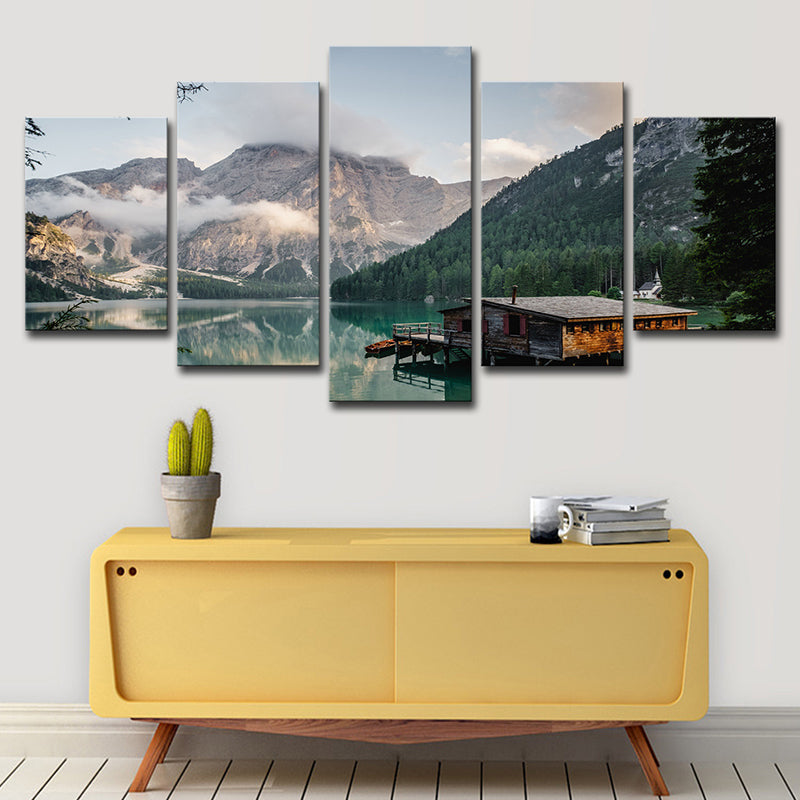 Grey Modern Canvas Print Lake House by the Mountain Wall Art for Hotel, Multi-Piece