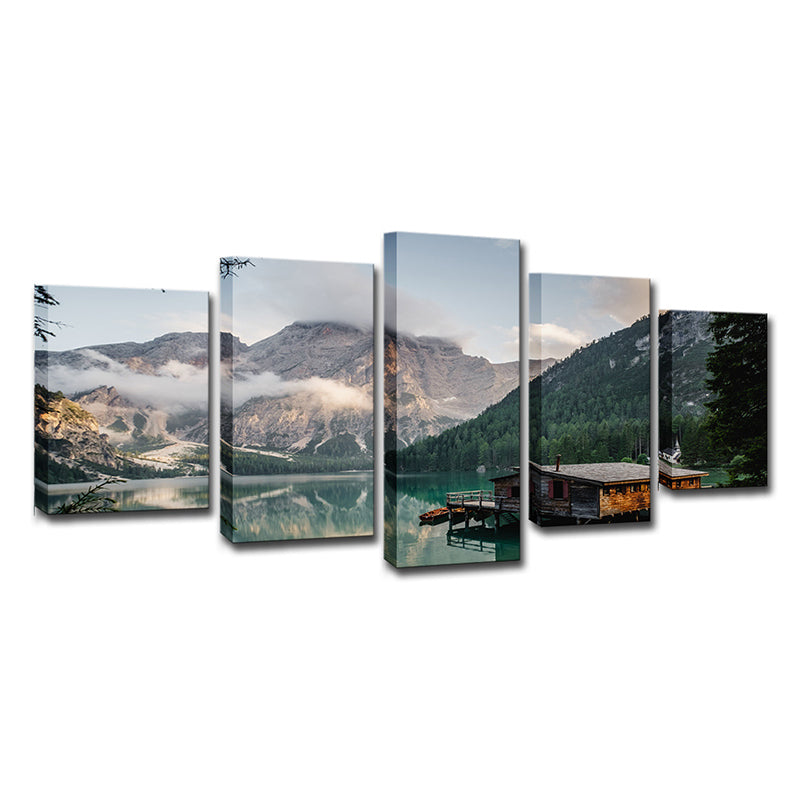 Grey Modern Canvas Print Lake House by the Mountain Wall Art for Hotel, Multi-Piece