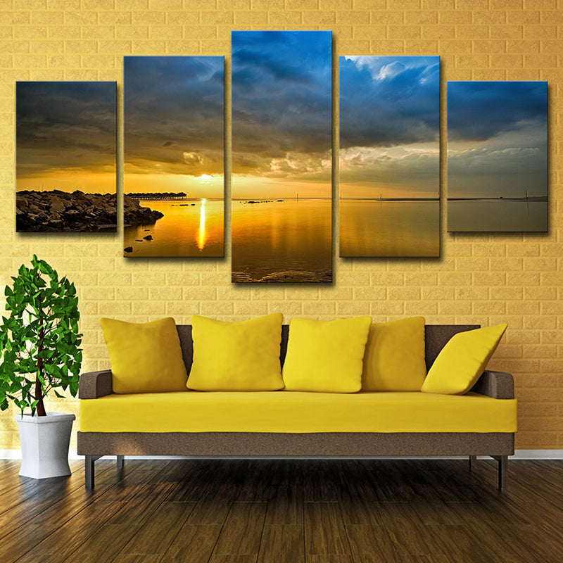 Canvas Multi-Piece Wall Decor Modern Lake and Cloudy Sky Sunset Scenery Art Print in Yellow