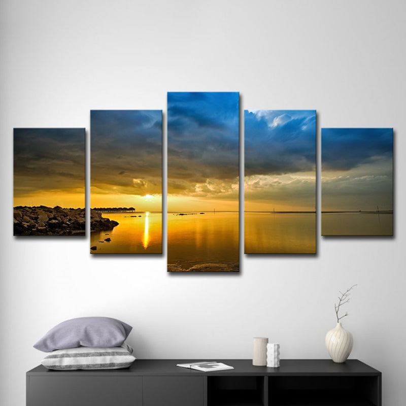 Canvas Multi-Piece Wall Decor Modern Lake and Cloudy Sky Sunset Scenery Art Print in Yellow