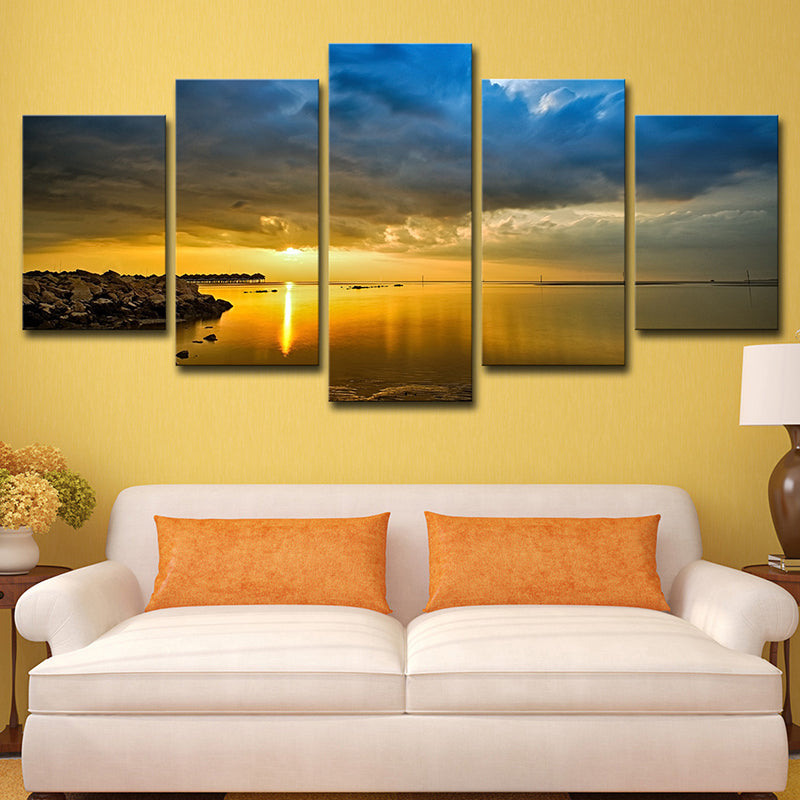 Canvas Multi-Piece Wall Decor Modern Lake and Cloudy Sky Sunset Scenery Art Print in Yellow