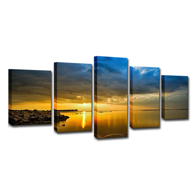 Canvas Multi-Piece Wall Decor Modern Lake and Cloudy Sky Sunset Scenery Art Print in Yellow