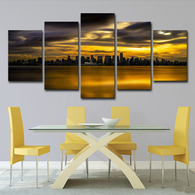 Downtown Vancouver Sunset Glow Art Print Yellow Global Inspired Wall Decor for Dining Room