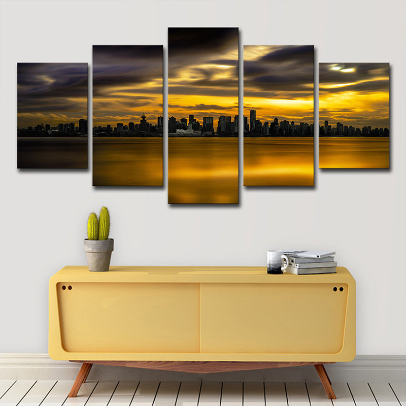 Downtown Vancouver Sunset Glow Art Print Yellow Global Inspired Wall Decor for Dining Room