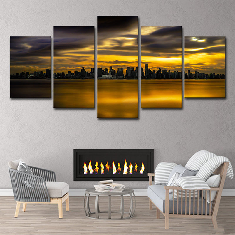 Downtown Vancouver Sunset Glow Art Print Yellow Global Inspired Wall Decor for Dining Room