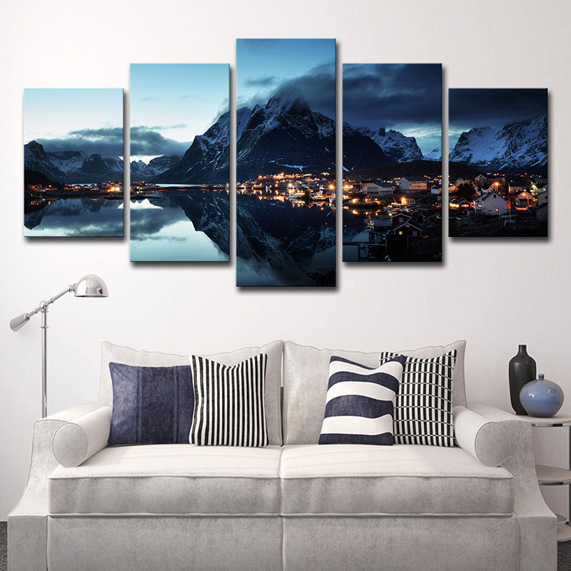 Modern Canvas Print Dark Blue Mountain Village by the River Night Scenery Wall Art