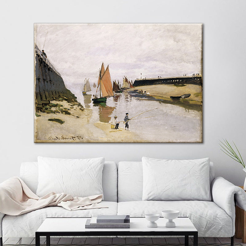 Modern Fishing Painting Wall Art Yellow-White Textured Canvas Print for Living Room