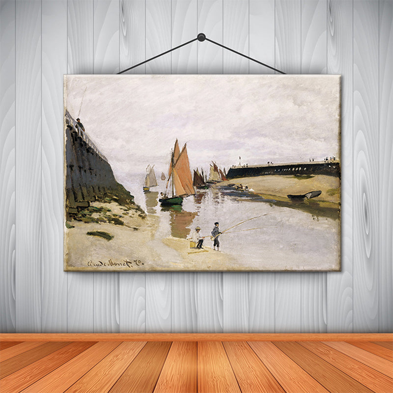 Modern Fishing Painting Wall Art Yellow-White Textured Canvas Print for Living Room