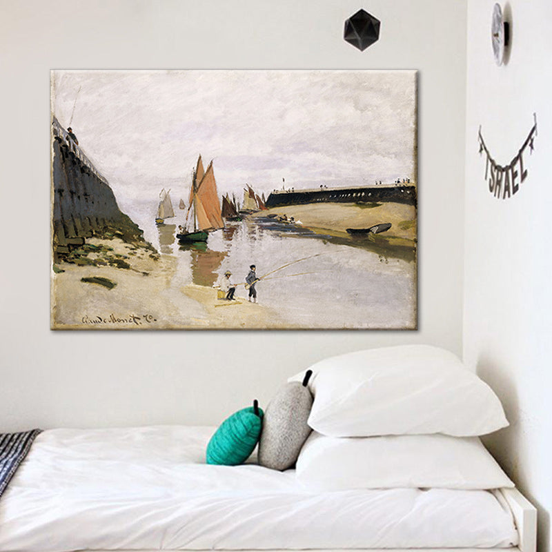 Modern Fishing Painting Wall Art Yellow-White Textured Canvas Print for Living Room