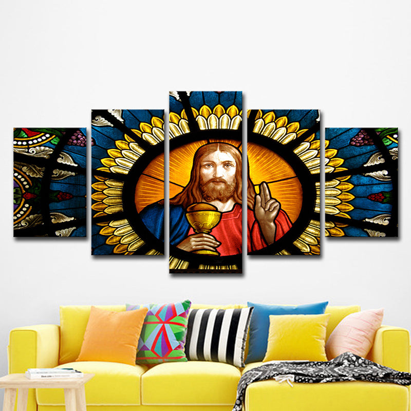 Contemporary Canvas Wall Art Orange and Blue Jesus Painting Wall Decor for Living Room