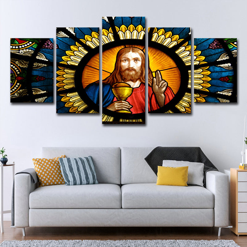 Contemporary Canvas Wall Art Orange and Blue Jesus Painting Wall Decor for Living Room