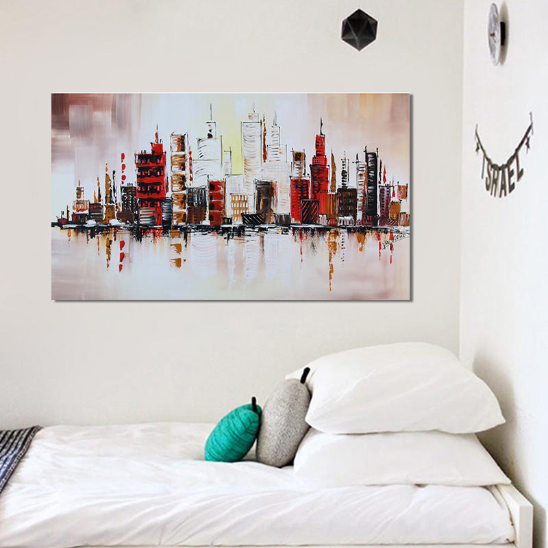 Riverside Metropolis Painting Canvas for Hotel Scenery Wall Art in Red, Textured