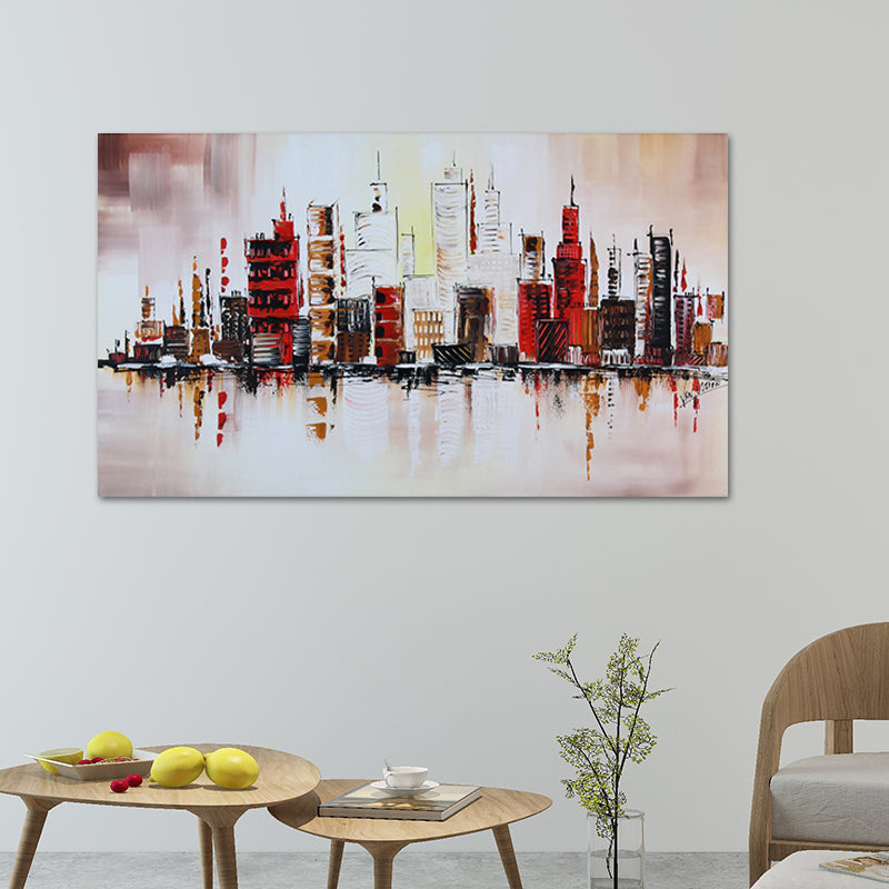 Riverside Metropolis Painting Canvas for Hotel Scenery Wall Art in Red, Textured