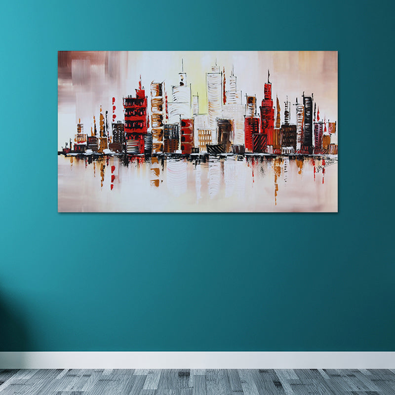 Riverside Metropolis Painting Canvas for Hotel Scenery Wall Art in Red, Textured