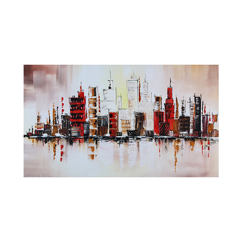 Riverside Metropolis Painting Canvas for Hotel Scenery Wall Art in Red, Textured