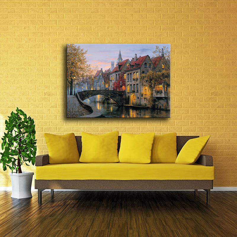 Red Autumn Scenery Painting Bridge to Houses Modern Textured Canvas Wall Art for Home